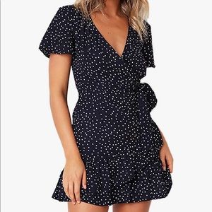 Navy Blue Polka Dot Wrap Dress